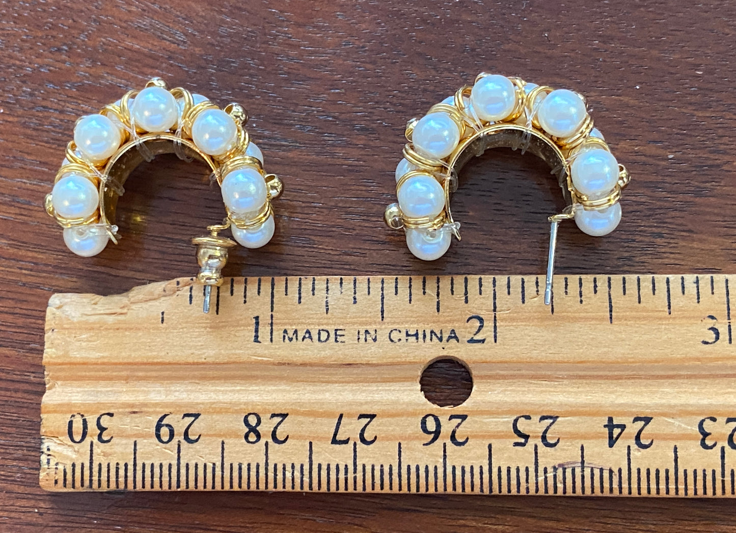 Vintage Gold Tone Faux Pearl Bead Hoop Pierced Earrings