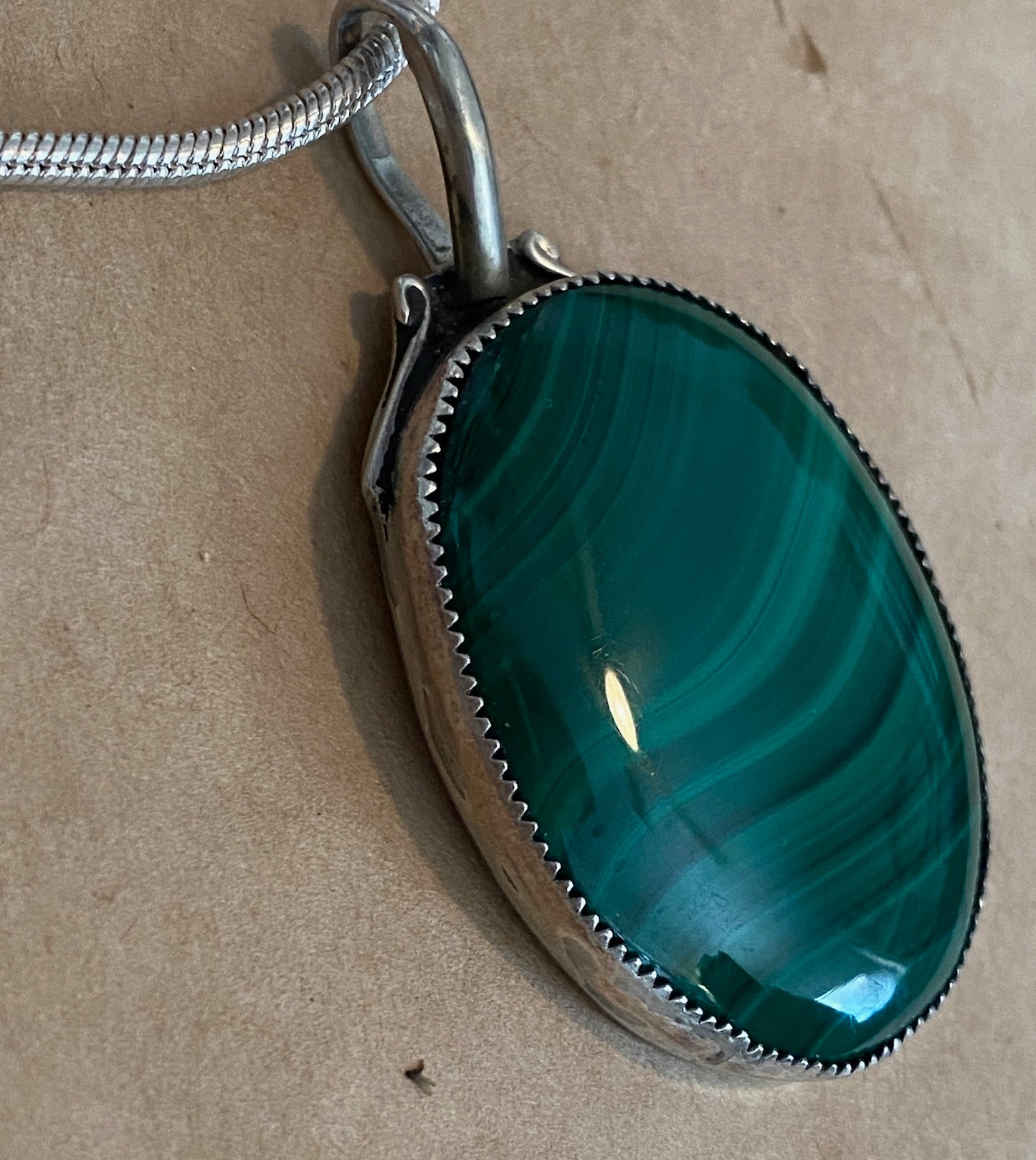 Sterling Silver 925 BOMA Snake Chain Malachite Pendant Necklace