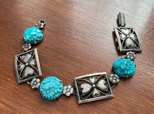 Sterling Silver 925 Faux Turquoise Flower Panel Bracelet