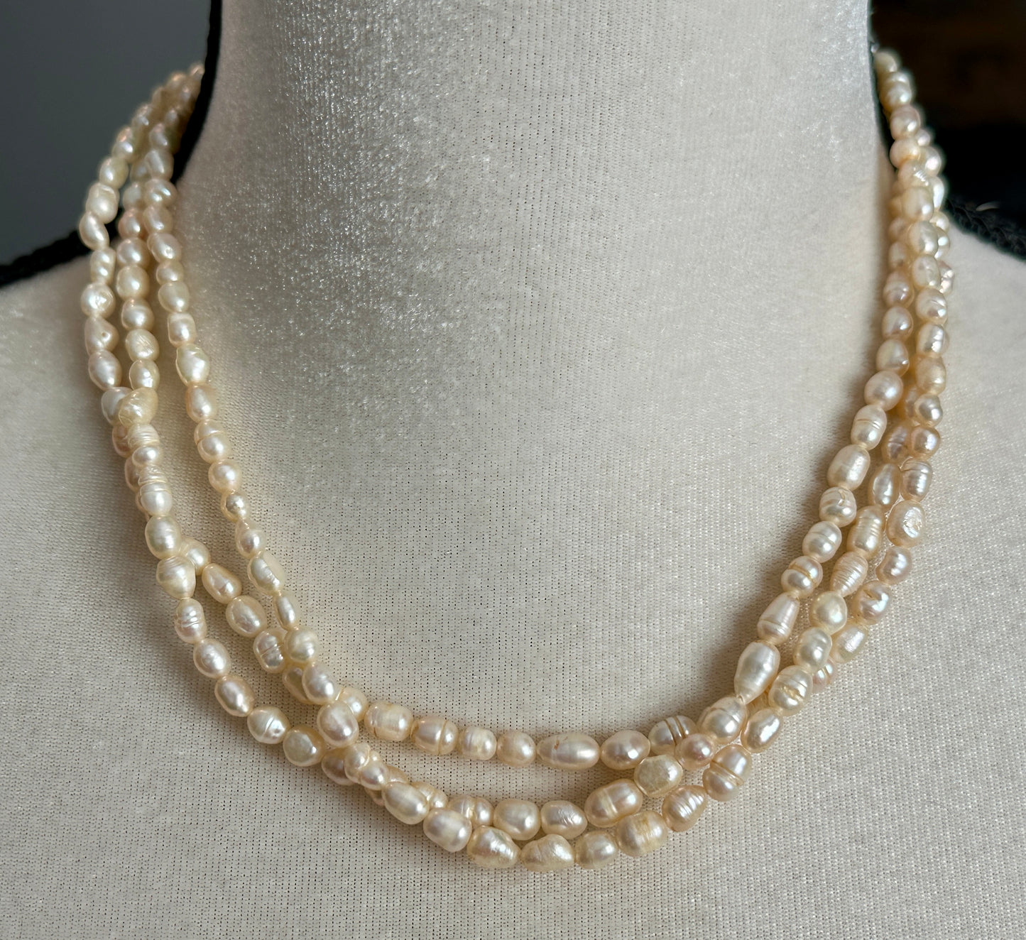 Vintage 3 Strand Real Pearl Collar Necklace Vintage 18" Long Gold Tone Clasp