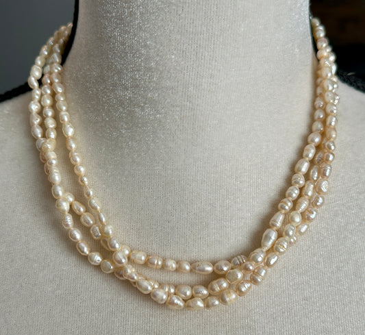Vintage 3 Strand Real Pearl Collar Necklace Vintage 18" Long Gold Tone Clasp