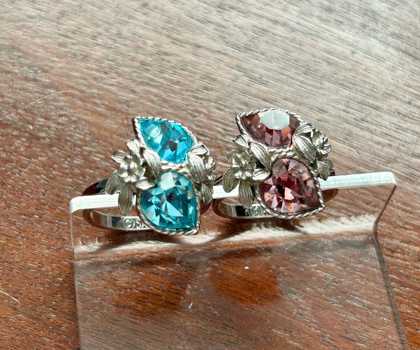 Vintage Sarah Coventry "Love Story" Pink Blue Heart Rhinestone Silver Ring Lot