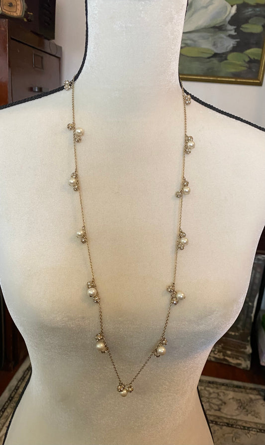 Gold Tone Ann Taylor Rhinestone Faux Pearl Necklace