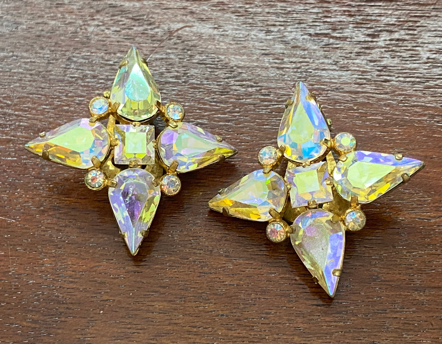 Vintage Made in Austria AB Aurora Borealis Pear Square Rhinestone Clip on Earrings