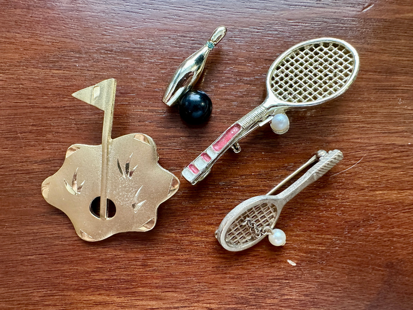 Vintage Sports Brooch Pin Lot Brooches Golf Tennis Bowling Avon Gold Tone Enamel