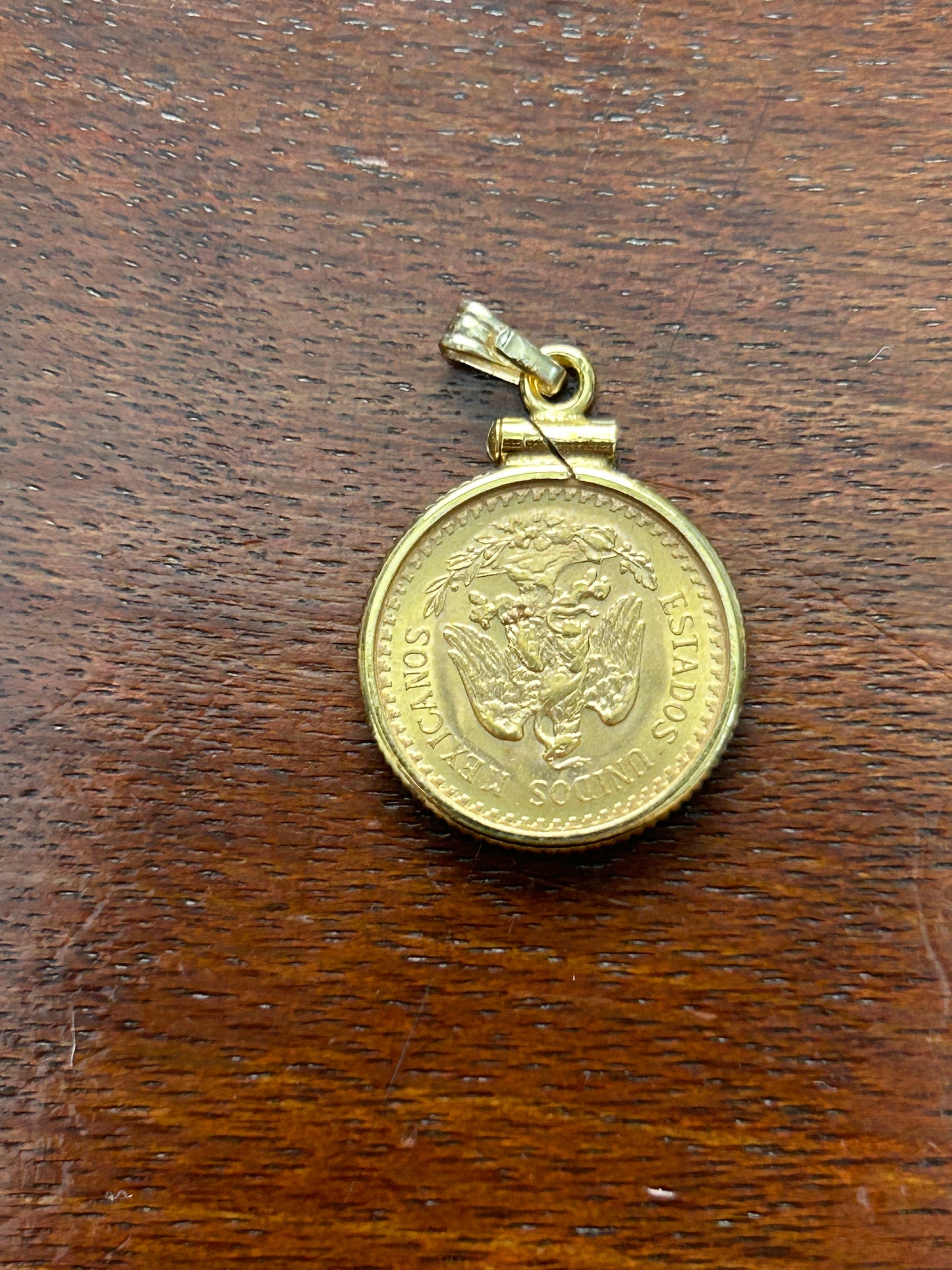 1945 Gold Dos Y Medio Pesos Coin 14k Yellow Gold Bezel Necklace Pendant Charm