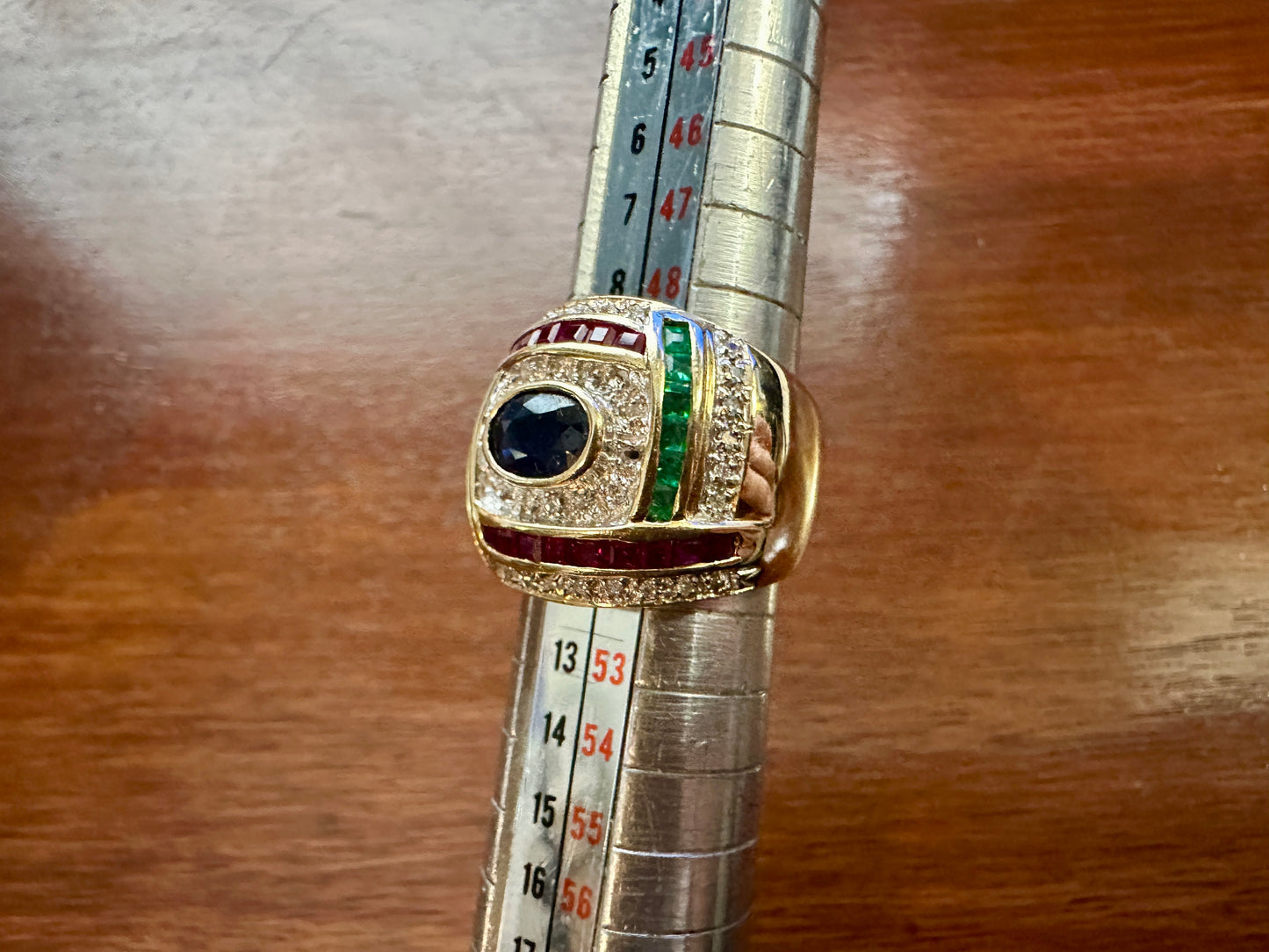 Vintage 14k Yellow Gold Sapphire Ruby Emerald Diamond Signet Ring Sz 5.25