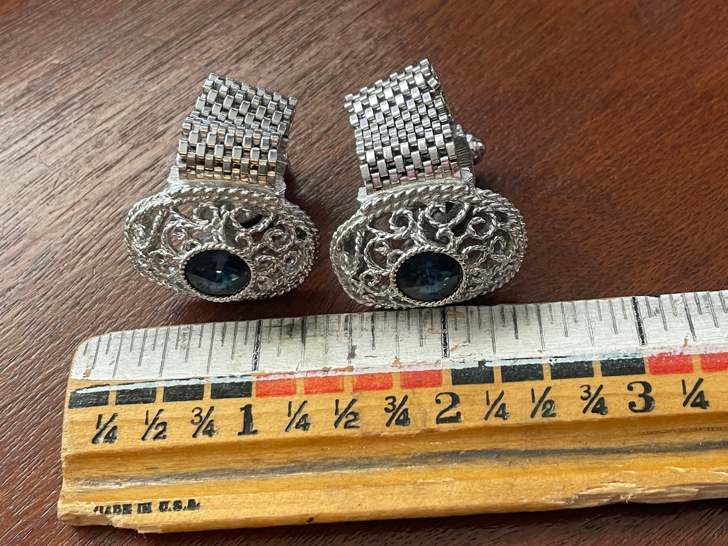 Vintage Silver Tone Metal Lace Cufflinks Mesh Wrap Blue Center Stone