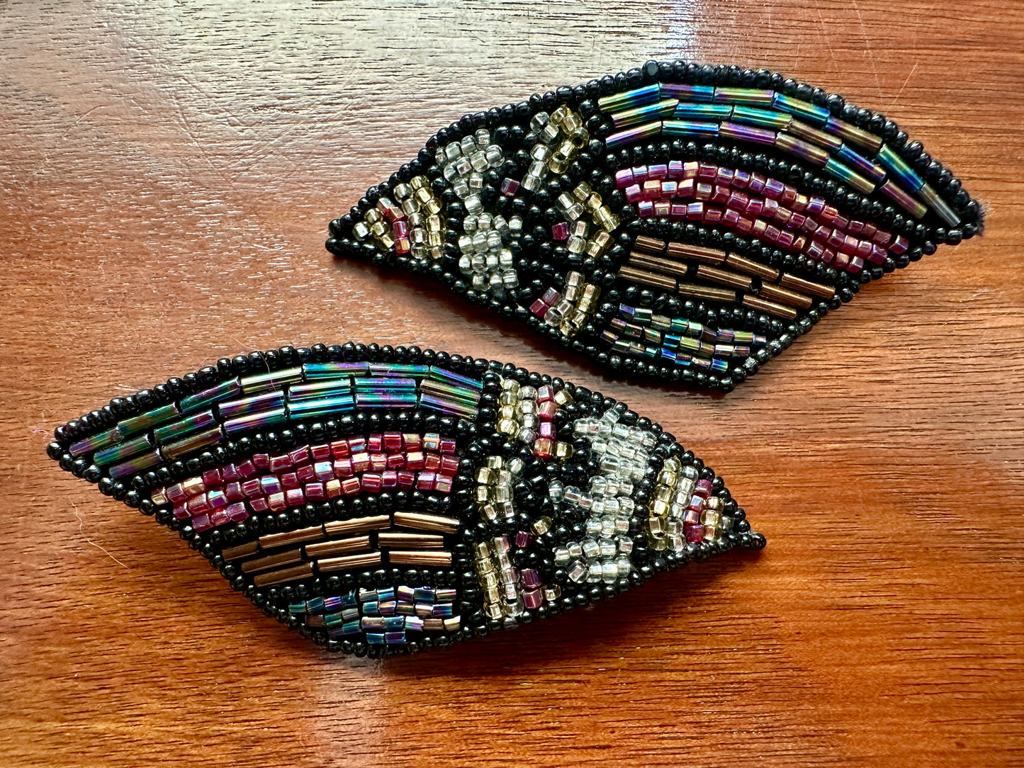 Vintage Large Black Beaded Metallic Rainbow Deco Style Pierced Earrings