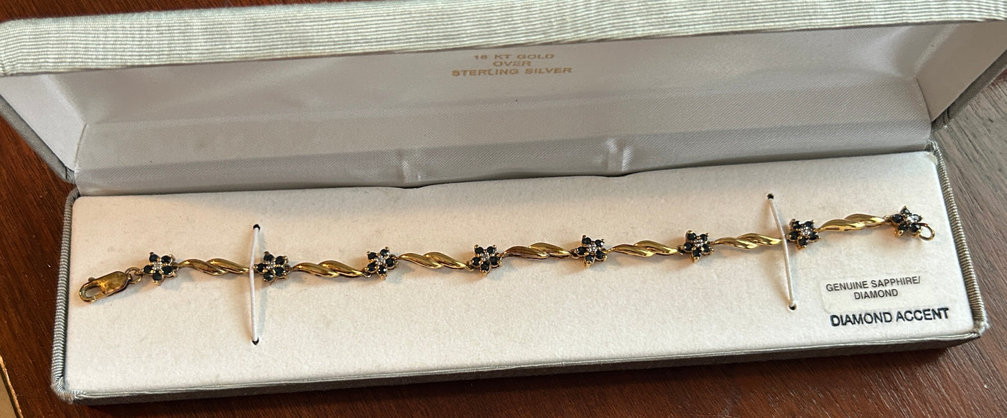 18k Yellow Gold over Sterling Silver 925 Sapphire Diamond Flower Tennis Bracelet