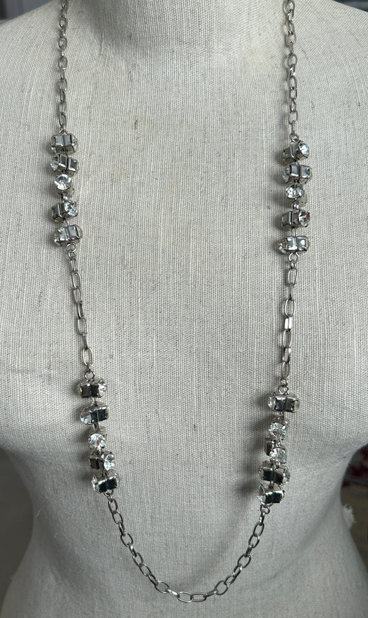 Vintage Silver Tone Chain Necklace Long Clear Rhinestones