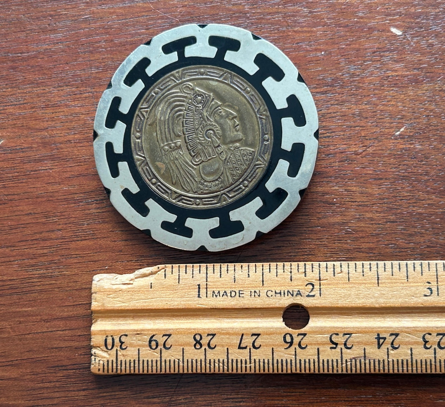 Vintage Silver Tone Mayan Coin Onyx Inlay Large Brooch Pin