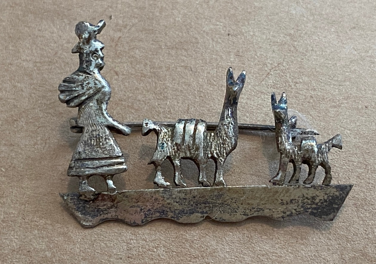 Sterling Silver 925 Farmer Alpaca Brooch Pin