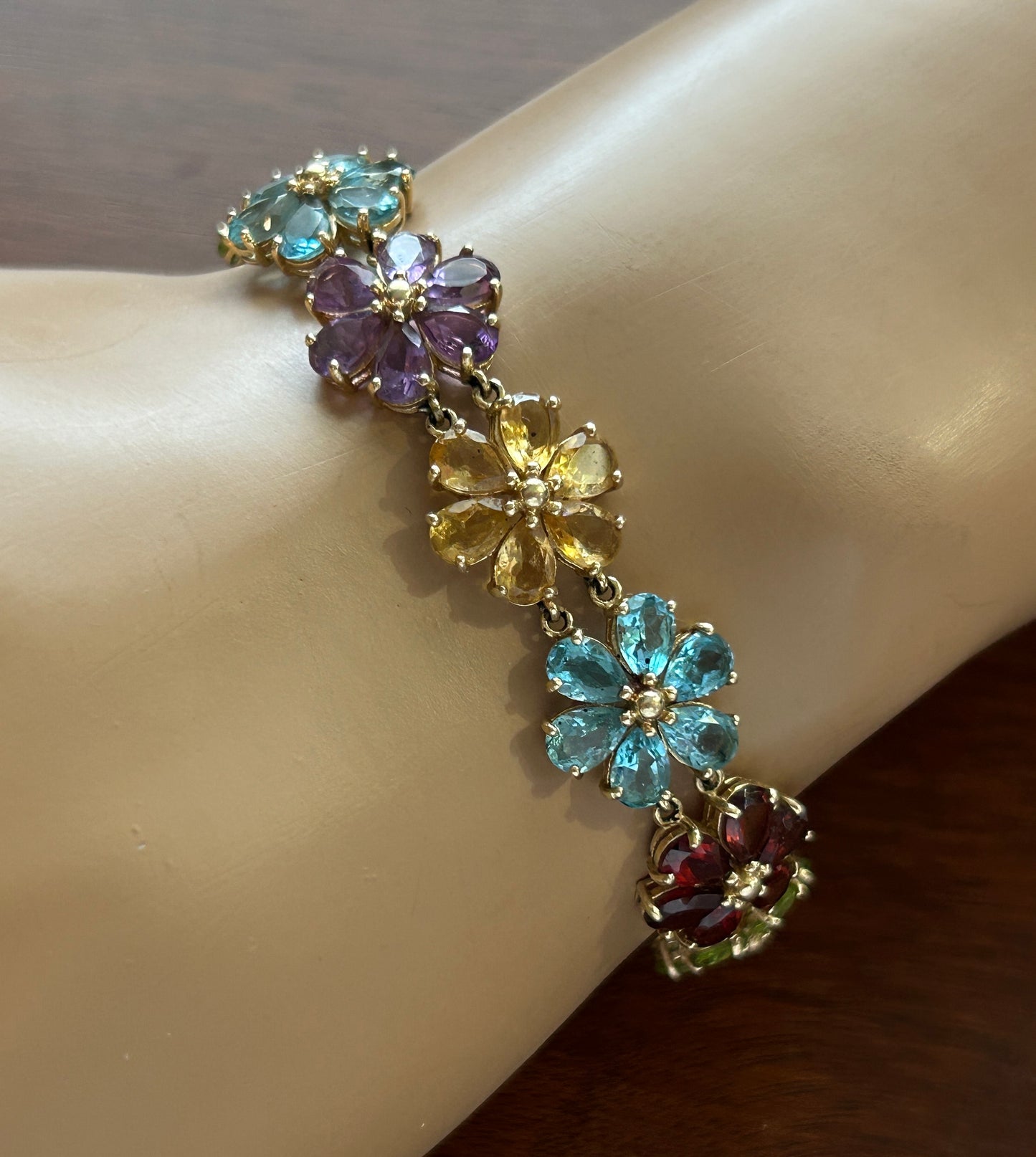 10k Yellow Gold Semi Precious Gemstone Flower Tennis Bracelet Citrine