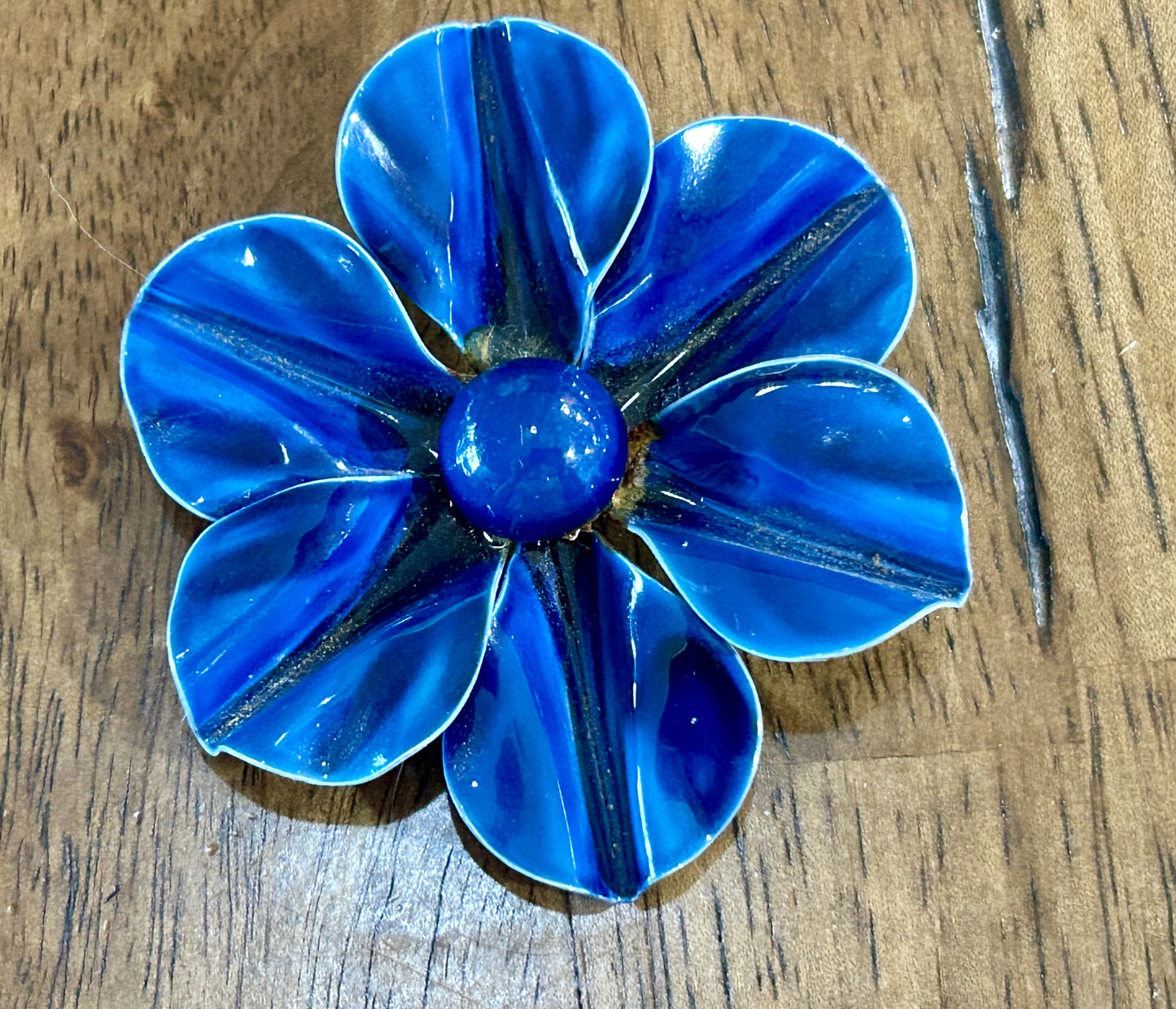 Vintage Large Blue Enamel Flower Brooch Pin