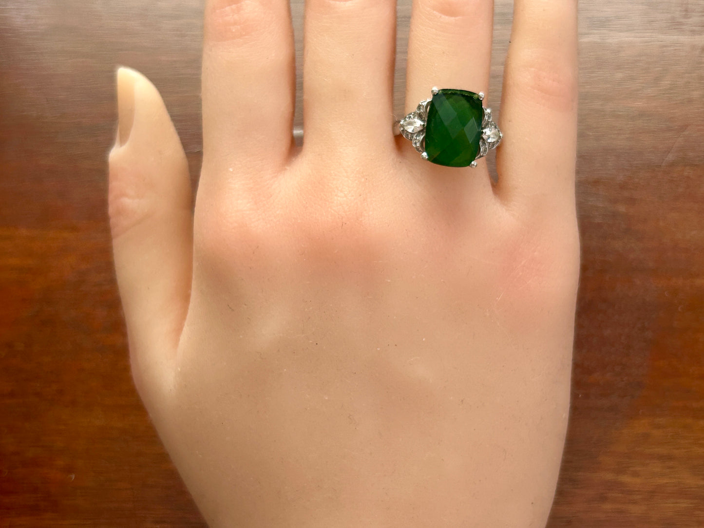 Stauer Spirit Lake Faceted Green Helenite Ring White Topaz Marquise Sz 8.75