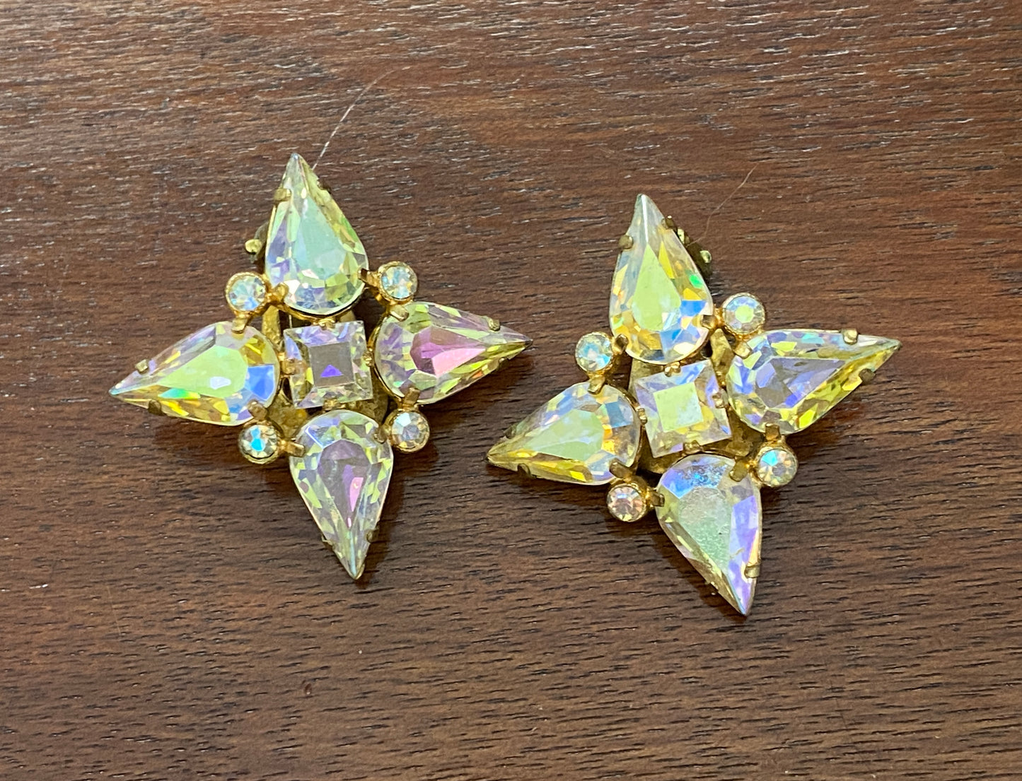 Vintage Made in Austria AB Aurora Borealis Pear Square Rhinestone Clip on Earrings