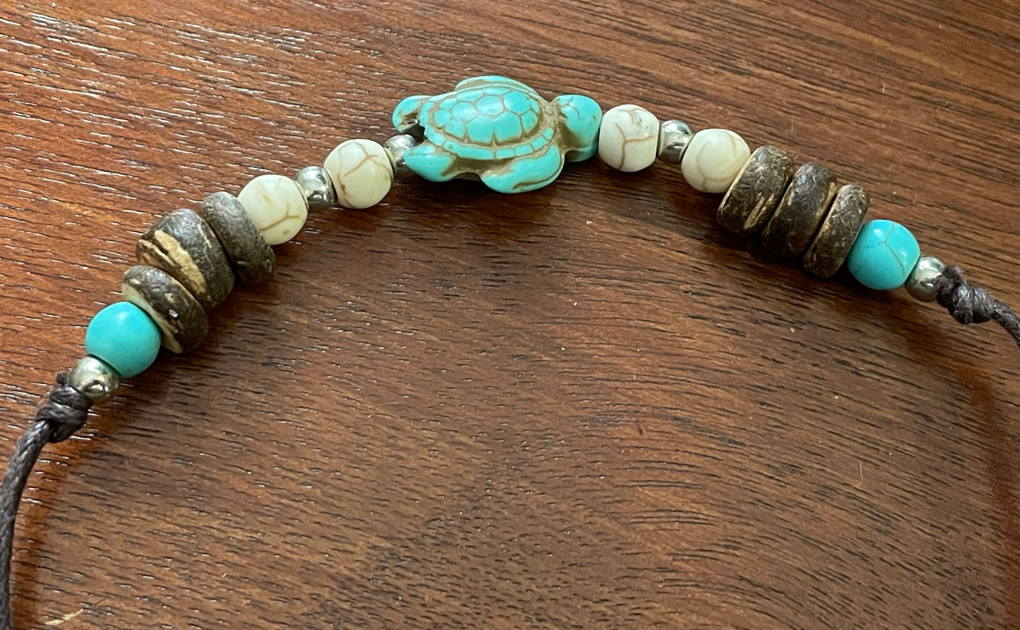 Leather Cord Howlite Wood Faux Turquoise Turtle Bracelet