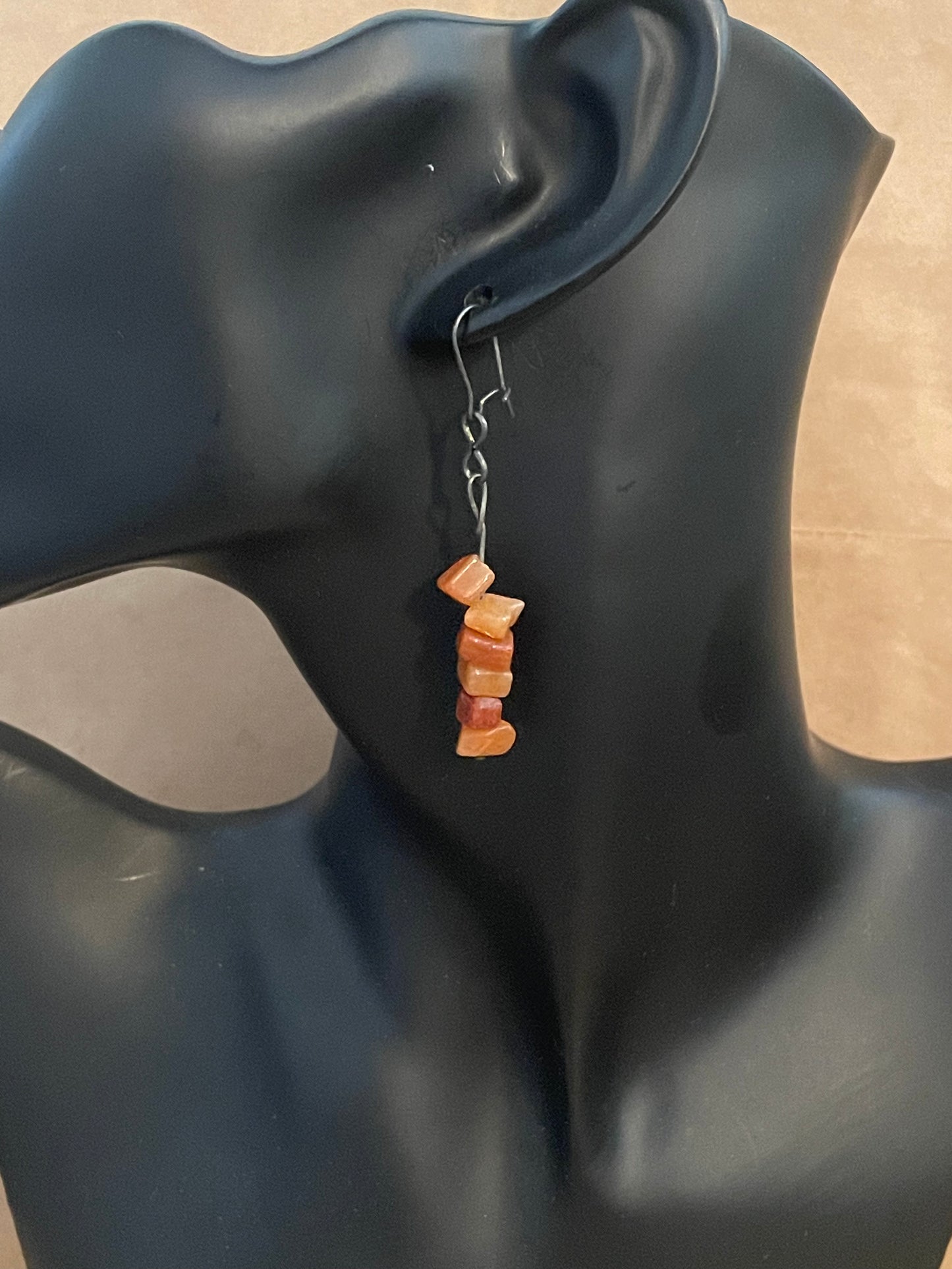 Silver Tone Amber Bead French Wire Pierced Dangly Drop Earrings