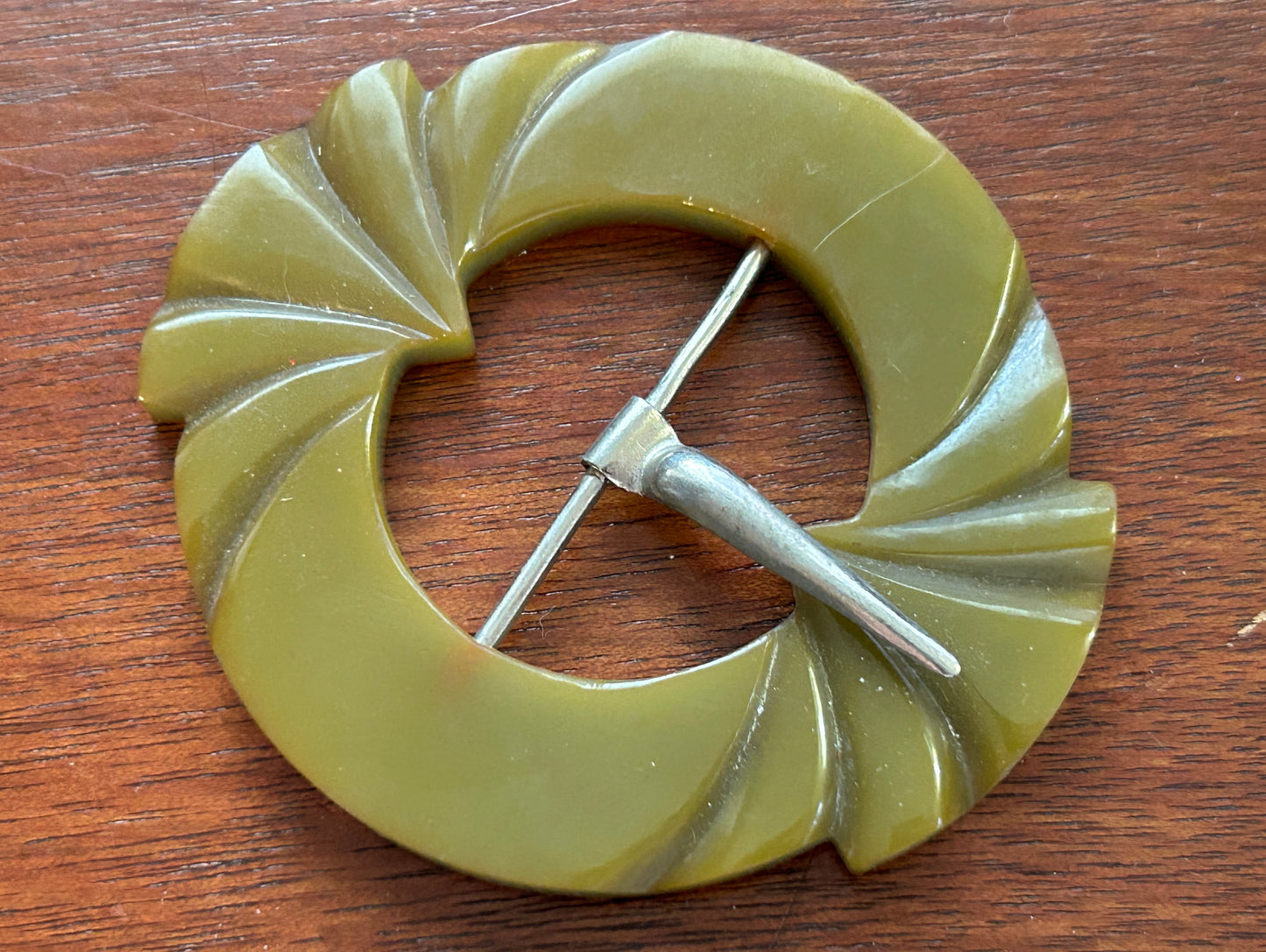 Vintage Spinach Green Carved Bakelite Belt Buckle