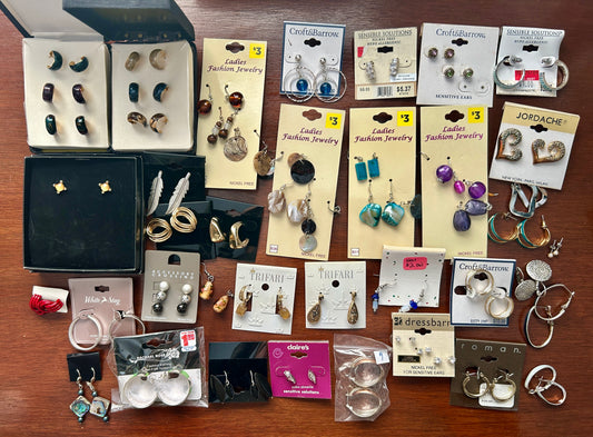 HUGE Earring Lot NOS Trifari Roman Glass Bead Hoop Dangly Pierced Bead Stud