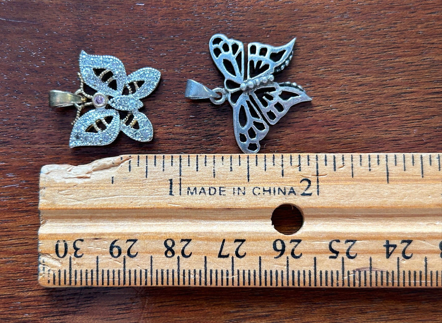 Set of 2 Sterling Silver 925 Gold Vermail Rhinestone BUTTERFLY Pendants