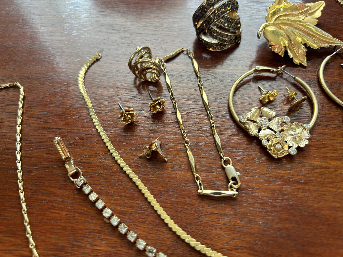 Jewelry Lot Vintage to Now Gold Tone Chains Earrings Brooch Rhinestone Ring