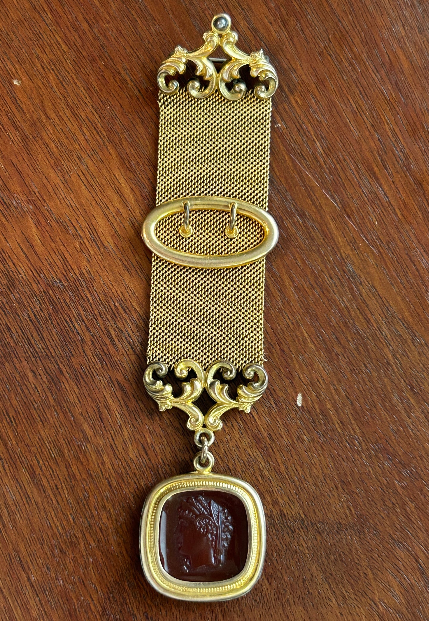 Antique Gold Tone Cameo Carnelian Watch Fob Mesh Brooch