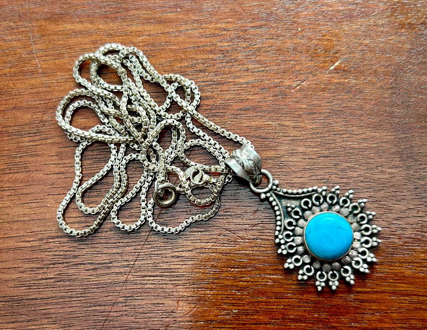 Sterling Silver 925 Box Chain Southwestern Blue Turquoise Pendant Necklace