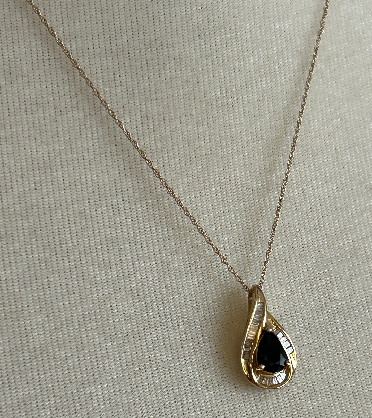 14k Yellow Gold Pear Shaped Sapphire Baguette Diamond Pendant Necklace