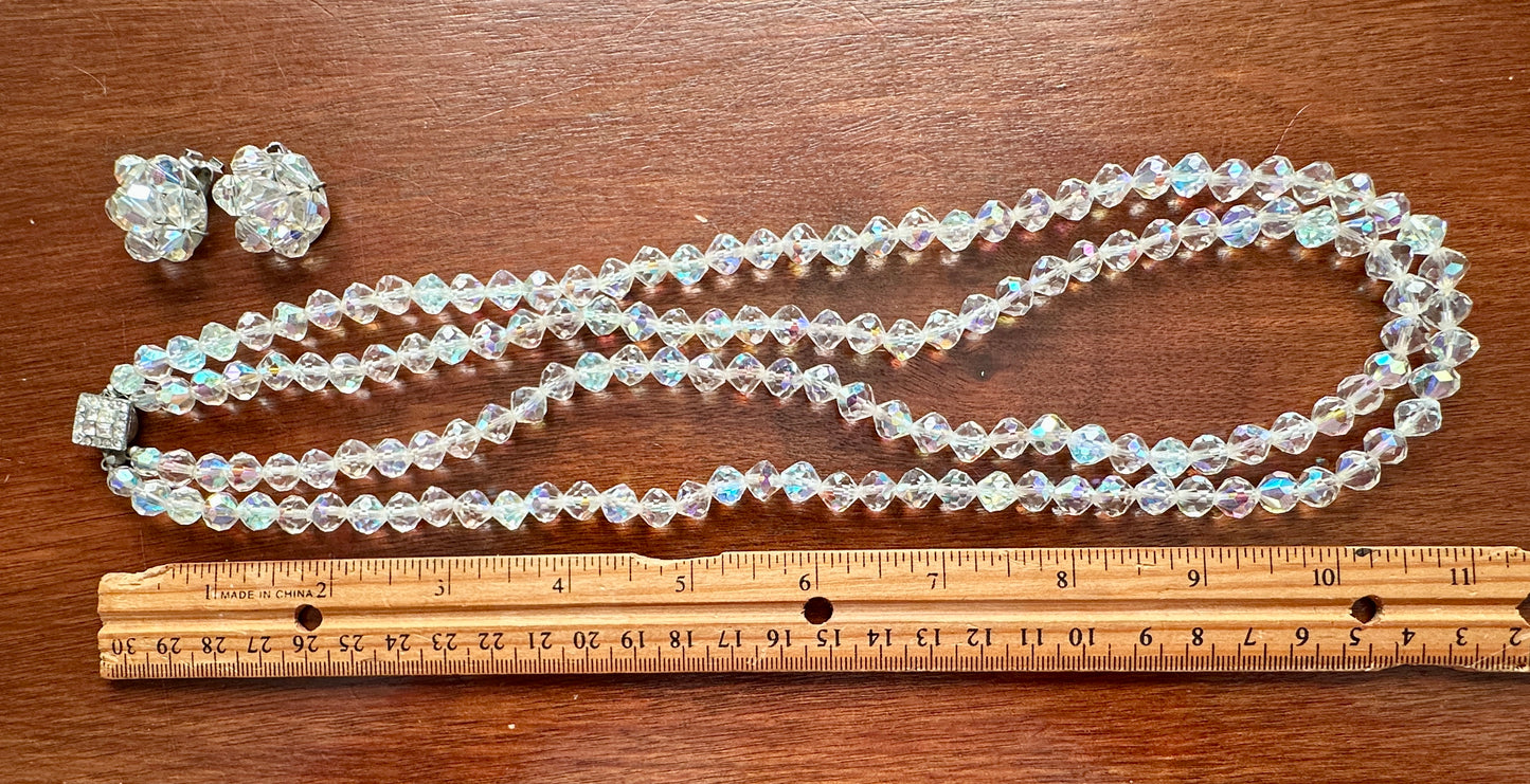 Vintage Faceted Glass AB Aurora Borealis Necklace Clip on Earrings Jewelry Set