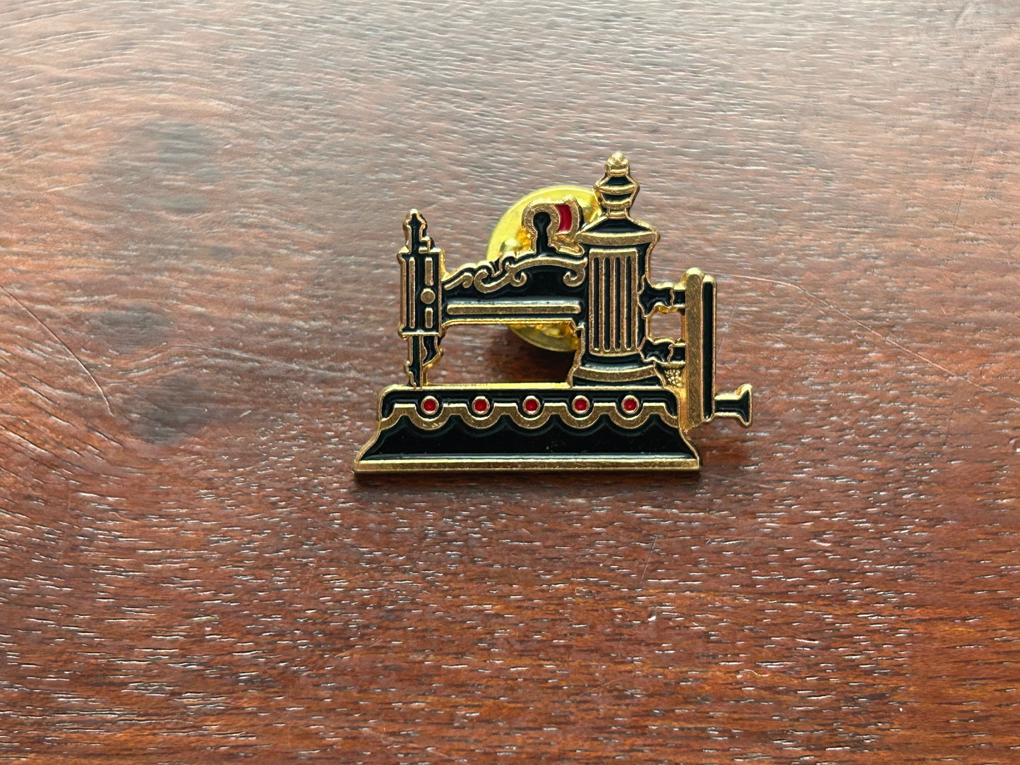 Vintage Clotilde Globe #9 1864 Sewing Machine Brooch Pin Gold Tone Enamel