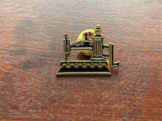 Vintage Clotilde Globe #9 1864 Sewing Machine Brooch Pin Gold Tone Enamel