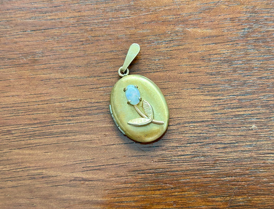 Vintage Gold Filled Oval Opal Flower Pendant Locket