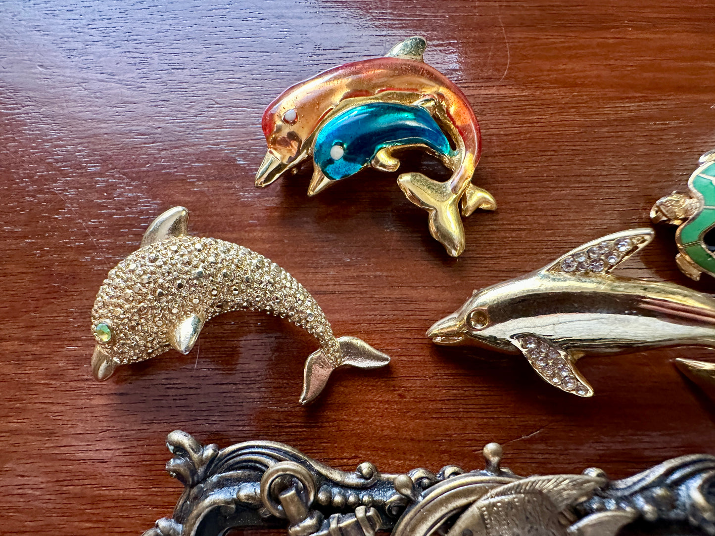 Vintage to Now Ocean Theme Brooch Pin Lot Dolphins Whale Turtle Seahorse Enamel