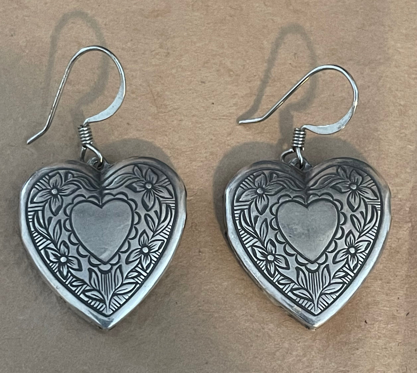 Vintage Silver Tone Heart Locket Drop Dangly French Wire Earrings