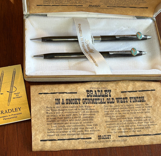 Vintage Bradley Old West Gunmetal Pen Pencil Set Advertising WVET Tractors