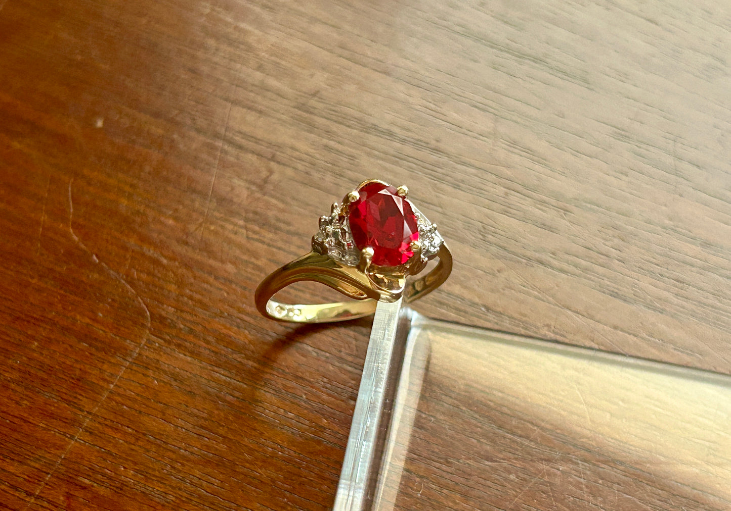 10k Yellow Gold Simulated Oval Ruby Diamond Accent Ring Sz 6.75