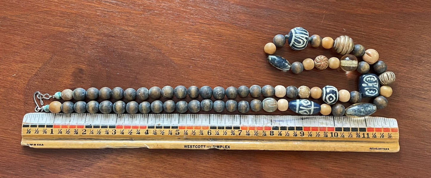 Vintage Wooden & Ceramic Bead Necklace Long Tribal Pattern