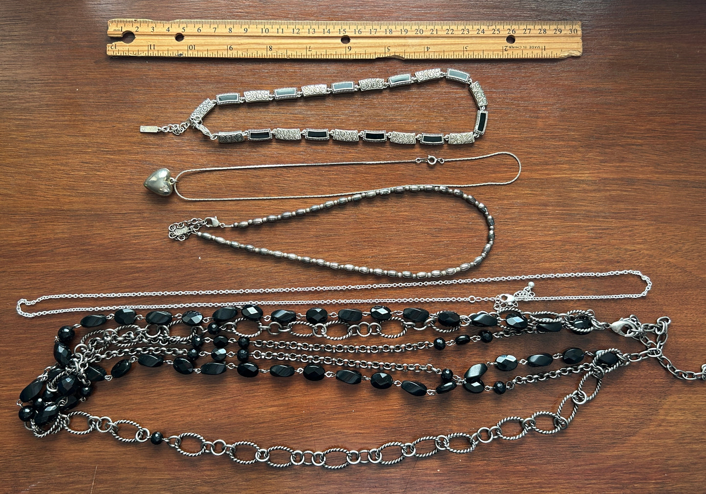 Lot of 5 Necklaces Silver Black Chain Puffy Heart Napier Bead Beaded