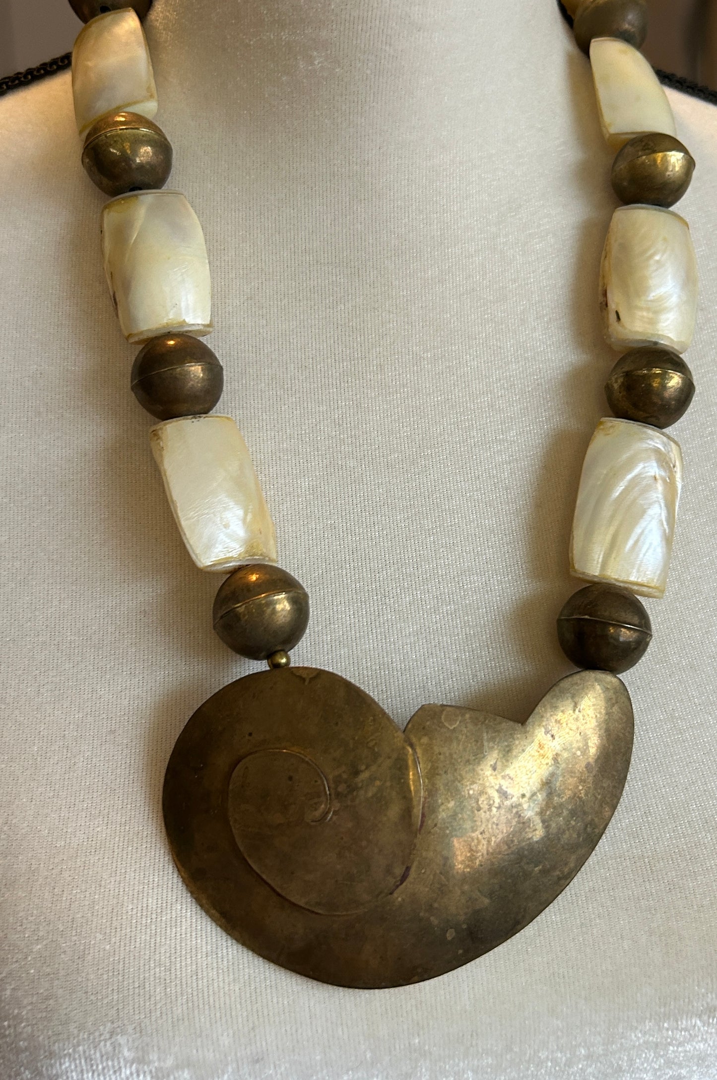Vintage Brass MOP Mother of Pearl HUGE Tribal Island Style Necklace