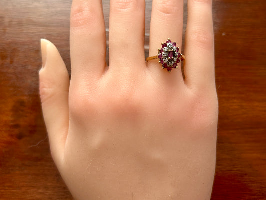 10k Yellow Gold Ruby Diamond Cluster Cocktail Ring Signed INT Sz 7.25