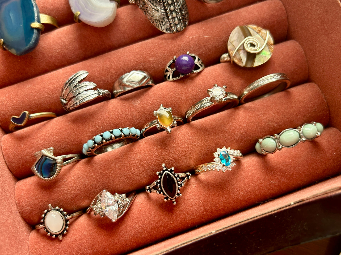 Lot of Cocktail Fashion Rings Faux Agate Silver Gold Tone Bands Rhinestones More