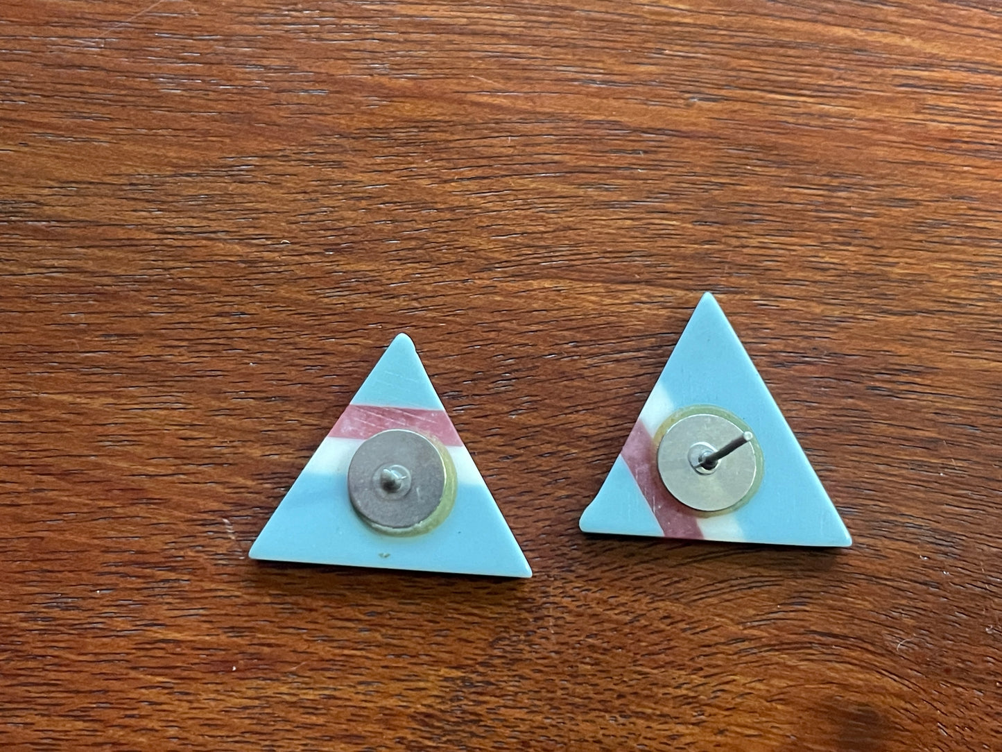 Vintage 80's Acrylic Color Blocked Triangular Earrings Blue Pink & White