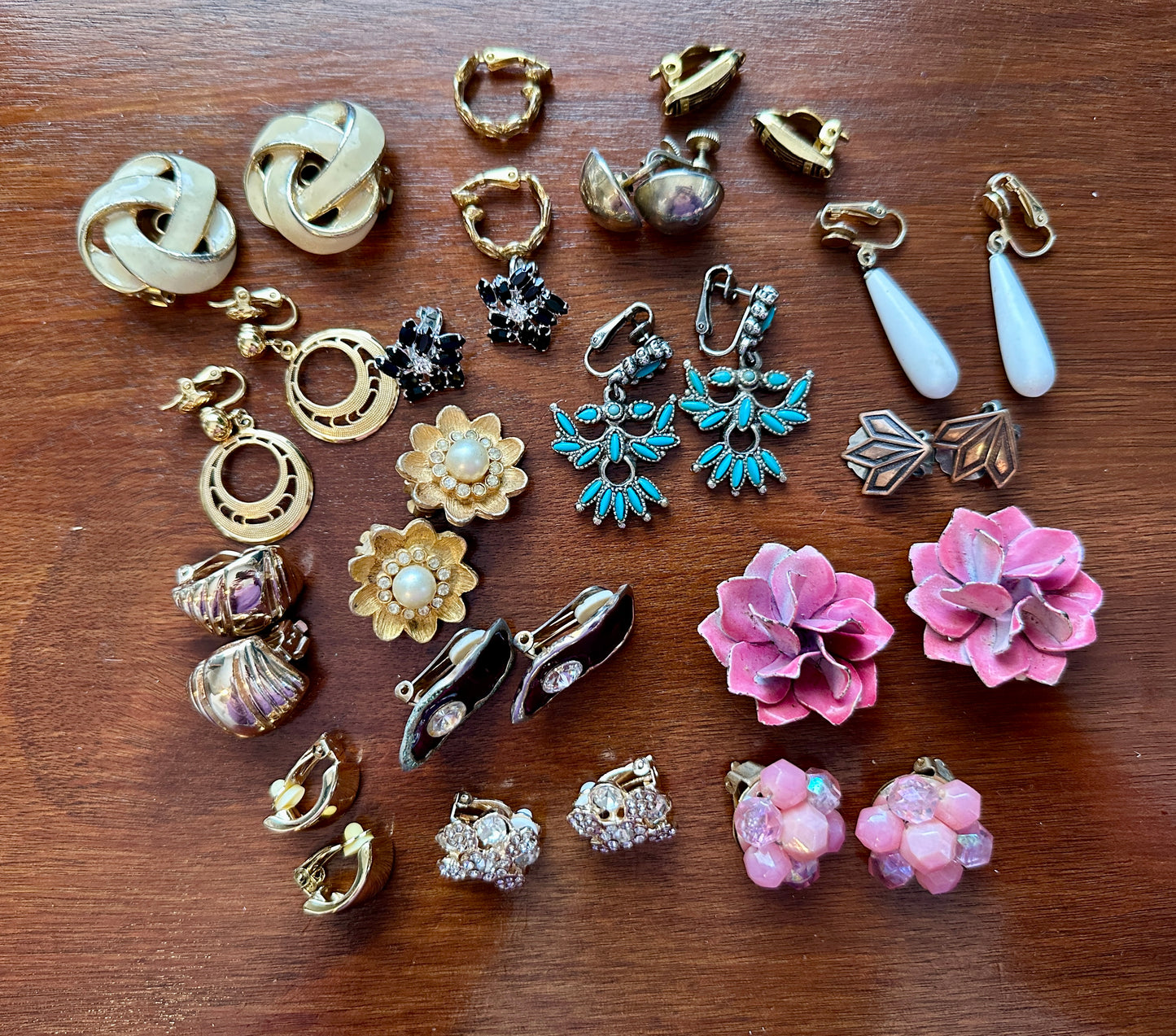 Vintage Clip On Earring Lot Copper Bead Enamel Dangly Gold Rhinestone Silver