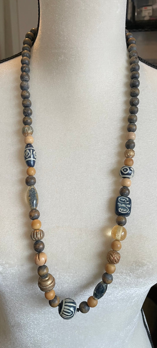 Vintage Wooden & Ceramic Bead Necklace Long Tribal Pattern