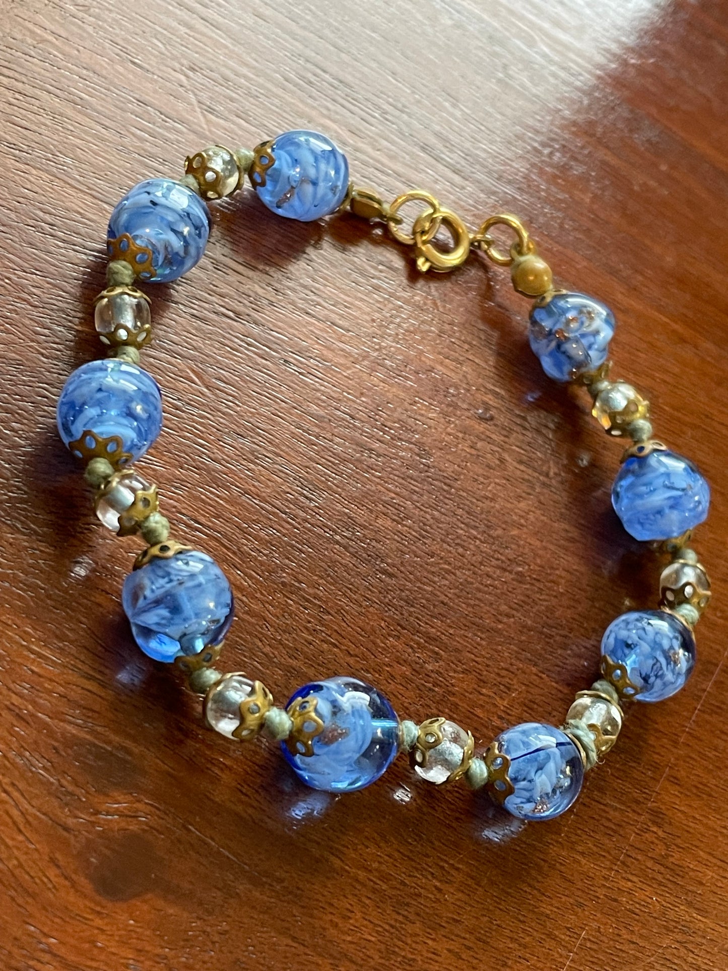 Vintage Art Glass Bead Blue Clear Bracelet