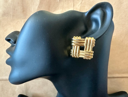 Vintage Gold Tone Square Basket Weave Pierced Large Earrings