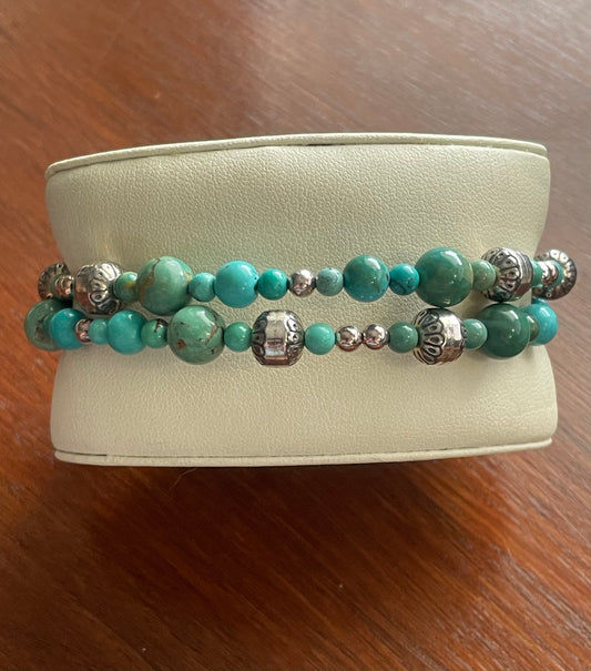 Vintage Carolyn Pollack Turquoise Wrap Coil Bracelet Beaded Sterling Silver