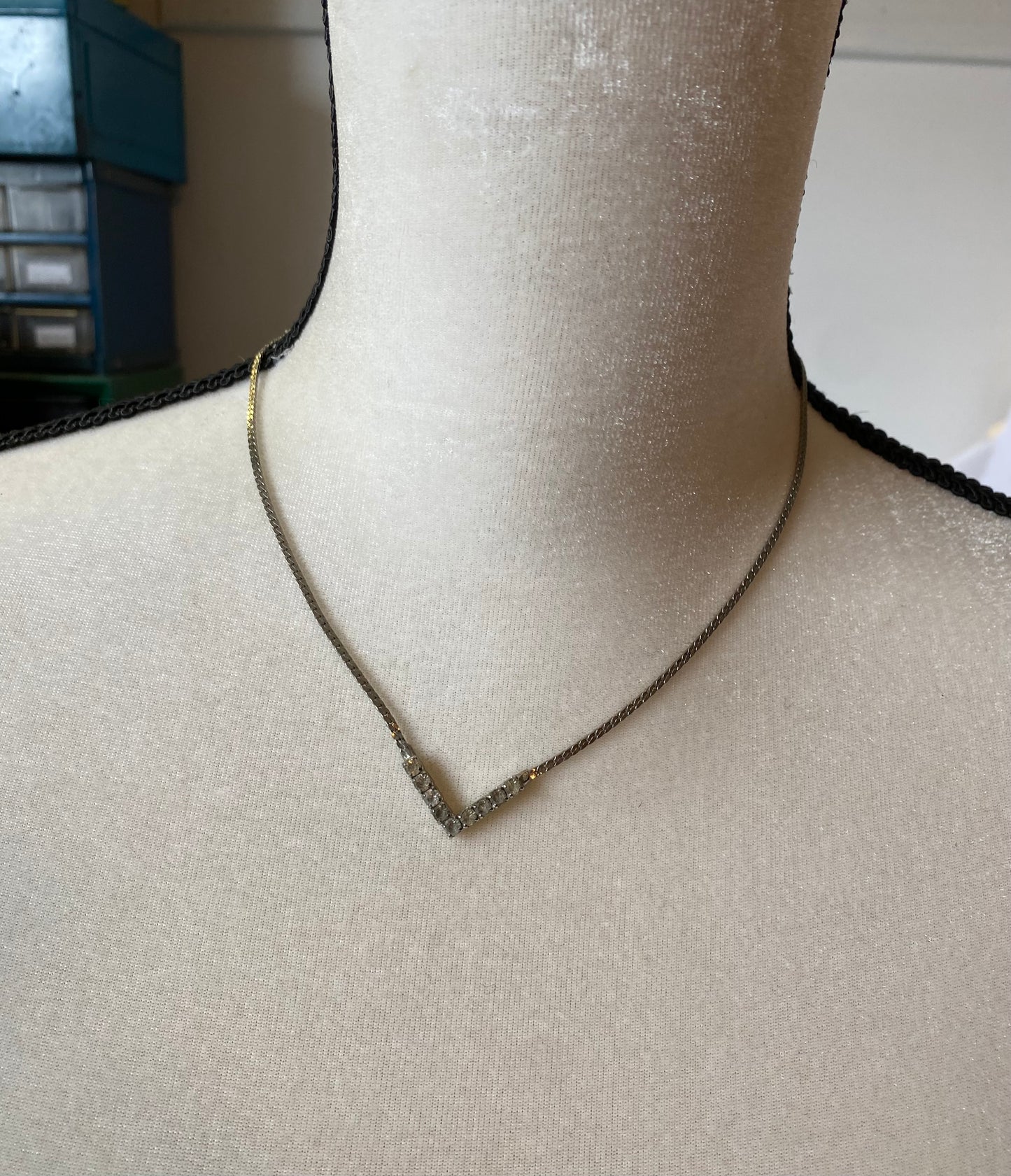 Silver Tone Rhinestone  Herringbone Chain Necklace